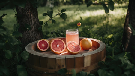 Grapefruit juice in a glass on a wooden barrel in the gardenの素材