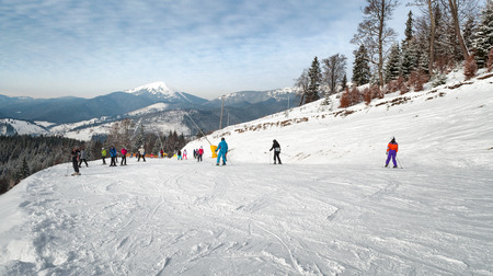 Ski piste in the resort of Bukovel in the Carpathians .