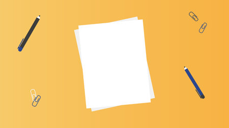White paper sheets on desk with pens and paperclipsのイラスト素材