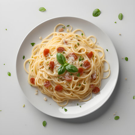 Pasta Carbonara on a plate. Top view.の素材