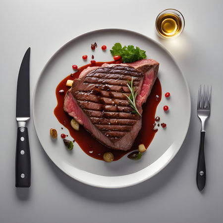 Tasty beef steak with vegetables on a plate.の素材