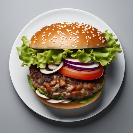 Fresh tasty burger on plate. Gray background. Top view.の素材