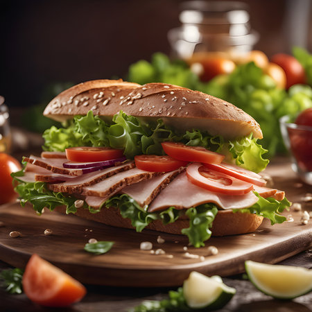 Sandwich on a wooden board. Vegetables on the background.の素材