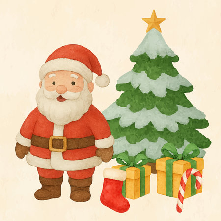Santa claus with christmas tree and giftsのイラスト素材