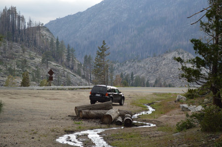 Truck on the road in Yellowstone National Park, Wyoming, USAの写真素材