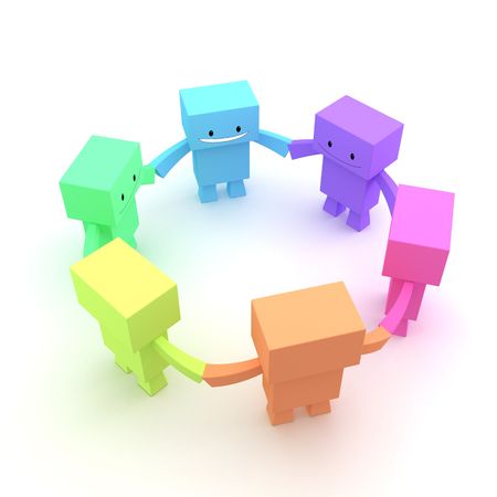 3D character team in a circle holding handsの写真素材