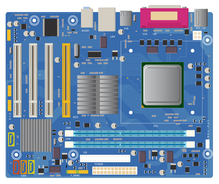 Computer motherboard in vector on white background. PC chip electronic circuit board with processor vector illustrationのイラスト素材