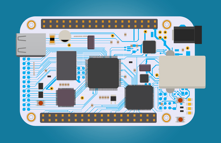 DIY electronic mega board with a micro-controller, LEDs, connectors, and other electronic components. Vector illustration.のイラスト素材