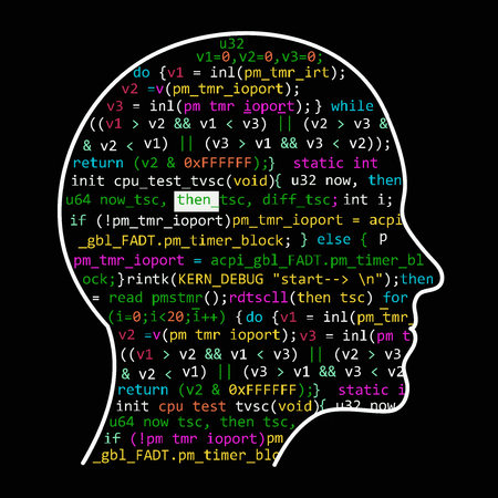 Artificial Intelligence. The image of a human head outline, inside which depicts a program code, which symbolizes the process of thinking. Illustration work artificial neural networks.のイラスト素材