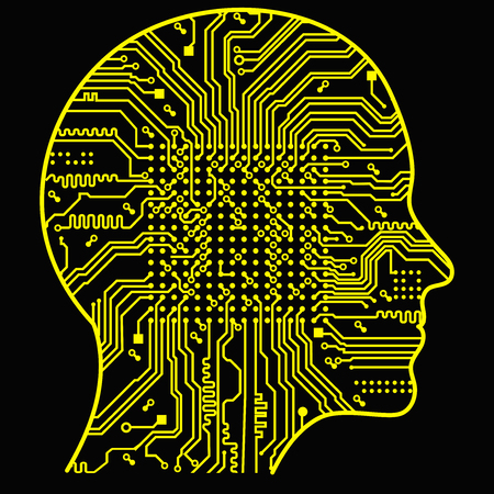 Artificial Intelligence. The image of human head outlines, inside of which there is an abstract circuit board.のイラスト素材