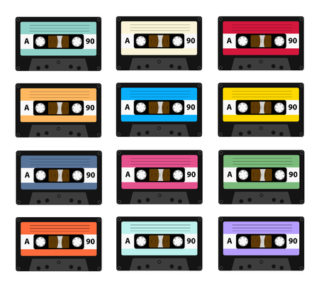 Set of audio cassette old tape recorders used in the 80s of the 20th century. It can be used as an illustration of the history of the technology of sound reproduction technology.のイラスト素材