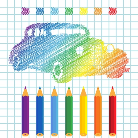Rainbow manuscript car, vector illustrationのイラスト素材