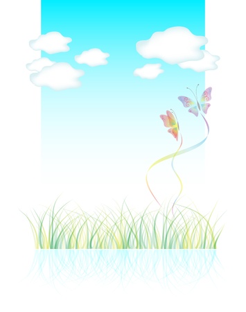 Grass, clouds and butterflies, there is a place for your text, vector illustration, eps10のイラスト素材