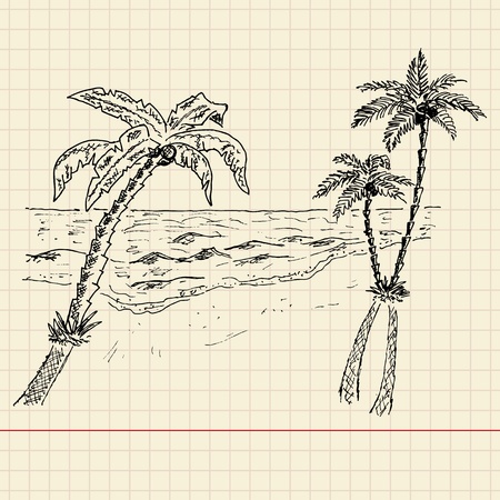 Sketch of seascape on school paper, vector illustration, eps10のイラスト素材