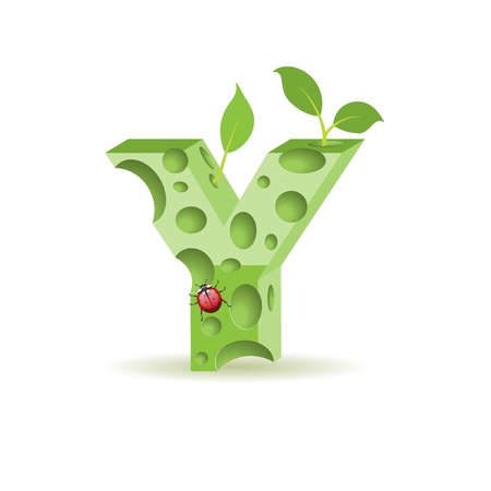 Ecological alphabet, green floral letter with ladybirdのイラスト素材