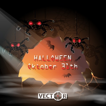 Halloween invitation card, cave with spiders and bats, vector illustration, eps10, 6 layers, easy editable.のイラスト素材