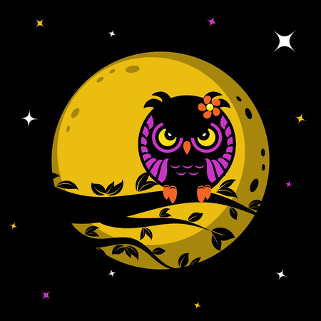 Funny owl sitting on tree in front of the moon, vector illustration for Your design, eps10のイラスト素材