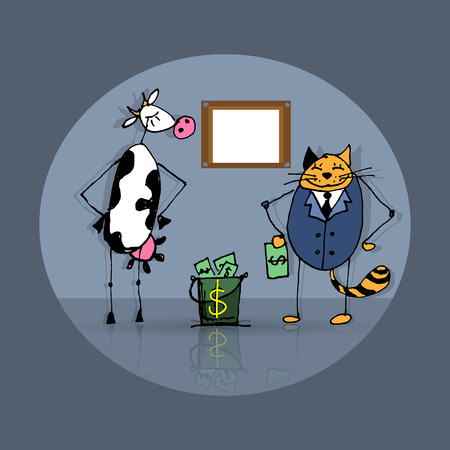Business deal cat and cow, vector sketch illustrationのイラスト素材