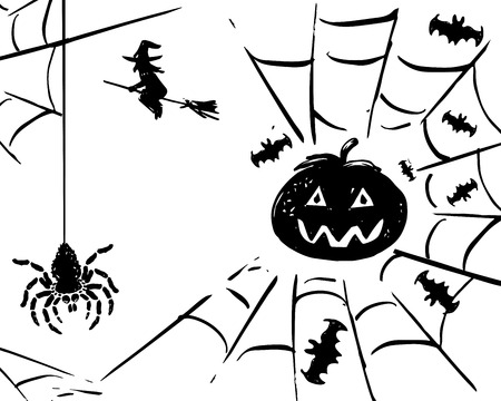 Halloween card of pumpkin, spider on web, bats and flying witchのイラスト素材