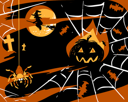 Halloween party card of pumpkin, spider on web, bats and flying witchのイラスト素材