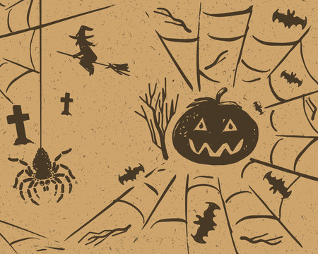 Halloween design set of pumpkin, spider on web, bats and flying witch on grunge retro paper backgroundのイラスト素材