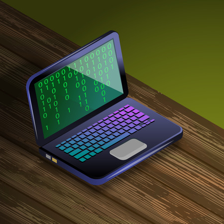 Isometric vector binary code laptop on wooden tableのイラスト素材