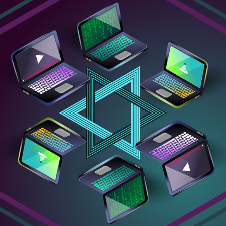 Isometric vector colorful three laptops and hexagram on dark blueのイラスト素材