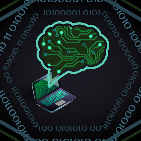Artificial Intelligence vector illustration of circuit board of brain shape and laptop on blackのイラスト素材