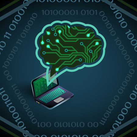 Artificial Intelligence vector illustration of circuit board of brain shape and laptop on dark blueのイラスト素材
