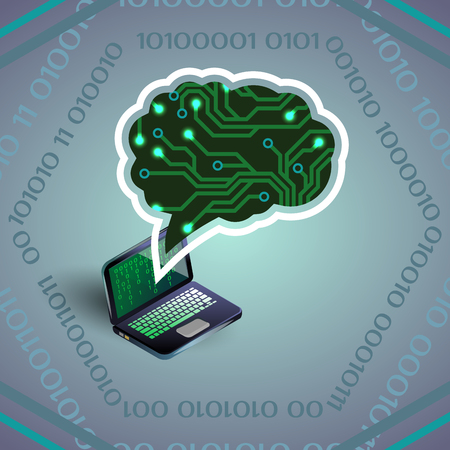 Artificial Intelligence vector illustration of circuit board of brain shape and laptop on light grayのイラスト素材