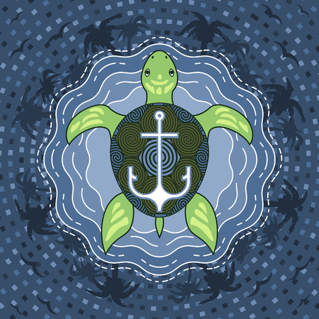 Marine turtle with anchor on blue island water background, vector illustrationのイラスト素材