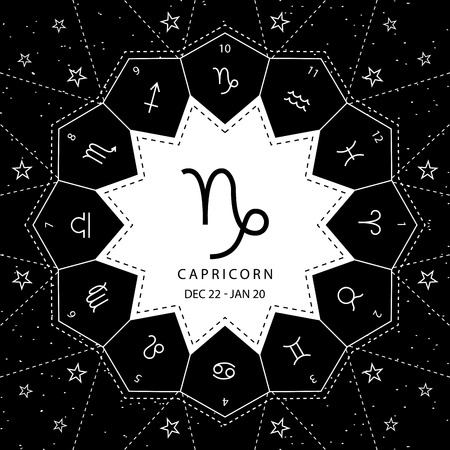 Capricorn. Zodiac signs outline style vector set on star sky background.のイラスト素材