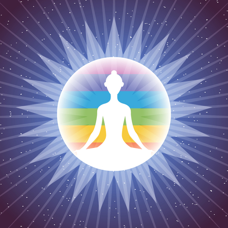 Meditating yoga girl silhouette in shining colorful circle on starry sky backgroundのイラスト素材