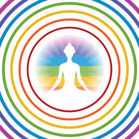 Meditating yoga girl silhouette in shining colorful circle with concetric ringsのイラスト素材