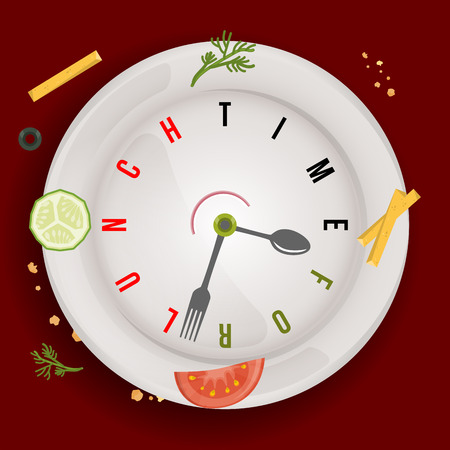 Time for healthy vegan lunch, conceptual vector watch with stylized clock hands like spoon and fork and vegetables on restaurant plateのイラスト素材