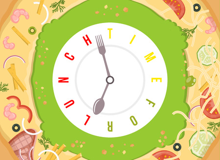 Time for lunch. Assorted pizza with conceptual watch with stylized clock hands like spoon and fork. Vector illustration, can be used like a banner for happy hours in your restaurant.のイラスト素材