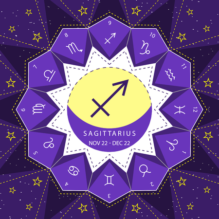 Sagittarius. Zodiac signs outline style vector set on star sky background. Vector astrologic horoscope illustration.のイラスト素材