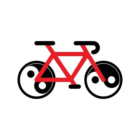 Red bicycle with yin yang wheel isolated on white background. Yoga bike. Vector illustration for your designのイラスト素材
