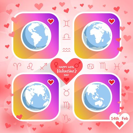 Web icons of earth globe social networking with heart, vector global set on valentines dayのイラスト素材