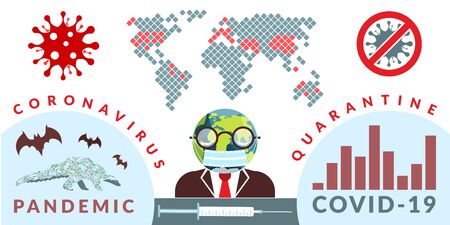 Covid-19. Vector infographics illustration of global news about coronavirus pandemic with eath globe shaped head man and map of infected areaのイラスト素材