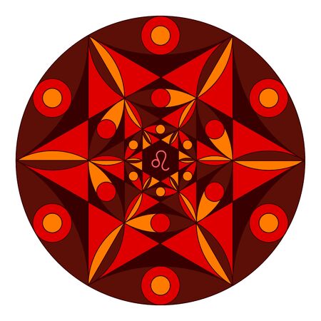 Colored coloring book of sacred geometry. Mandala of zodiac sign of Leoのイラスト素材