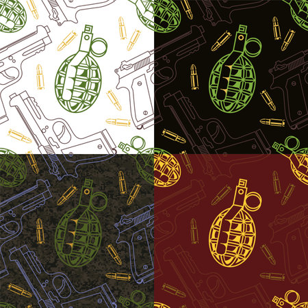 Hand grenade with ammo and guns on urbanistic camouflage background, vector seamless patterns setのイラスト素材