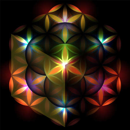 Seed of life, colorful 3d vector healing part of metatrons cube. Sacred geometry divine creation of universeのイラスト素材