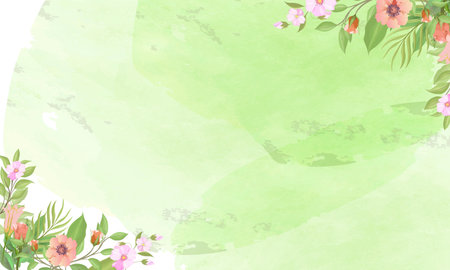 Watercolor spring background with pink flowers and green leaves. Vector illustration.のイラスト素材