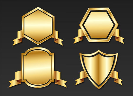 Set of gold shields with ribbons. Vector illustration. EPS 10のイラスト素材