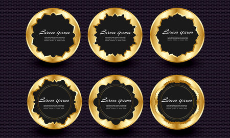 Set of golden badges and labels on a dark background. Vector illustrationのイラスト素材