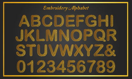 Gold uppercase alphabets and numbers on black backgroundのイラスト素材