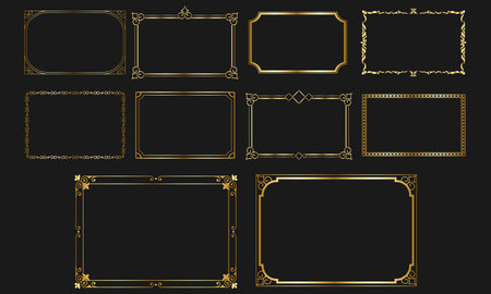 Set of golden frames and borders on a black background. Vector illustrationのイラスト素材