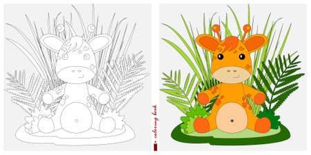 Black and white and color images for a color book. Contour drawing with children's themes. A baby giraffe is sitting in a clearing among reeds and ferns. For color books, children's prints, postcardsのイラスト素材