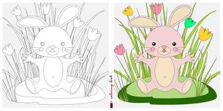 Black-and-white and color images for a color book. Contour drawing with children's themes. In a clearing among reeds and ferns sits a Bunny. For color books, children's prints, postcards.のイラスト素材